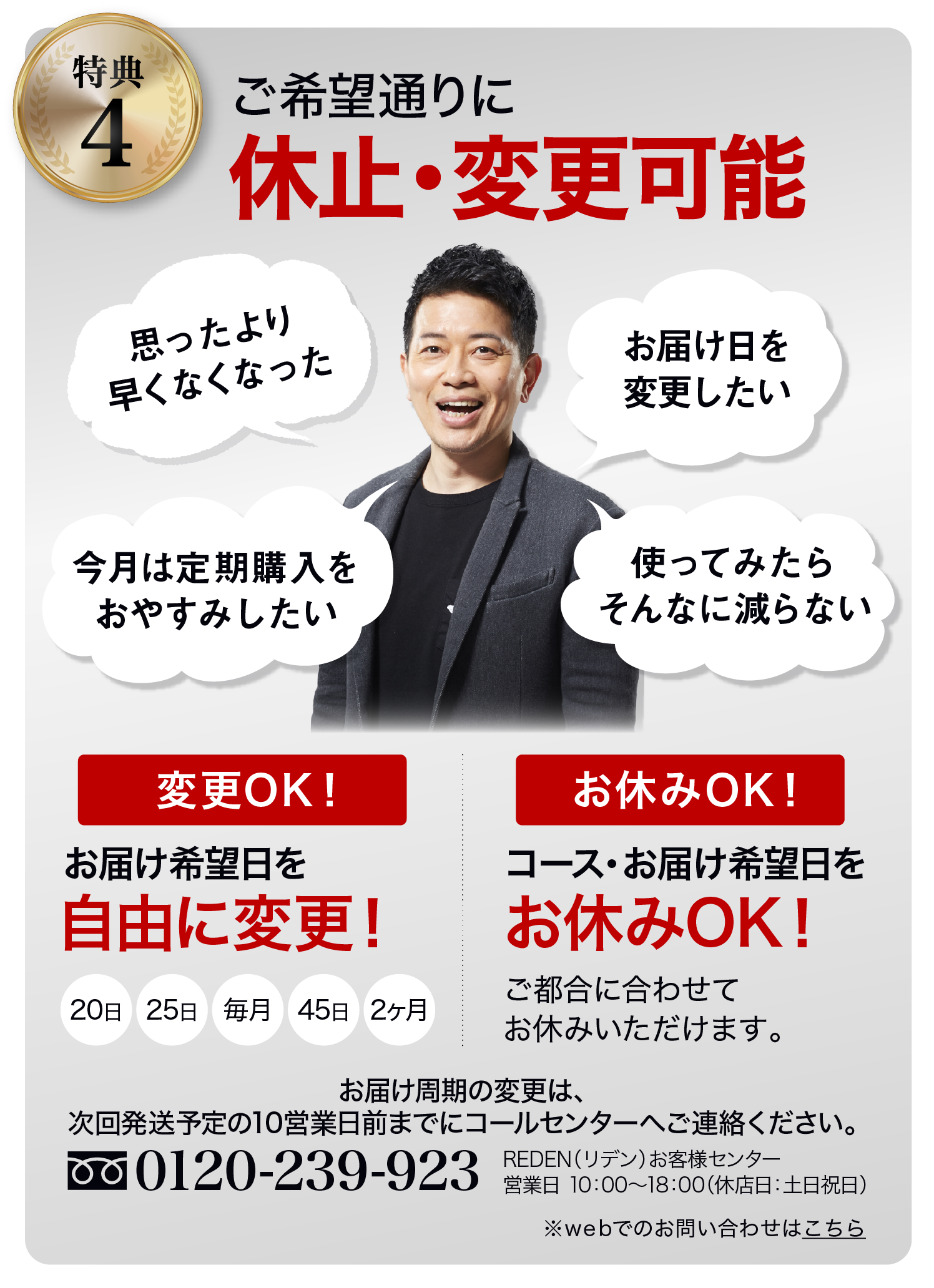 特典４いつでも解約、休止変更可能