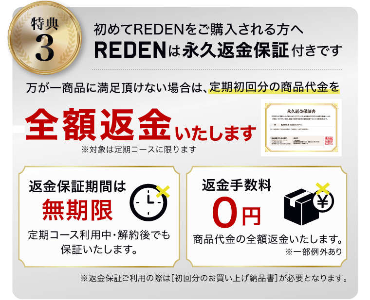 特典3初めてREDENをご購入される方へ、REDENは永久返金保証付きです。